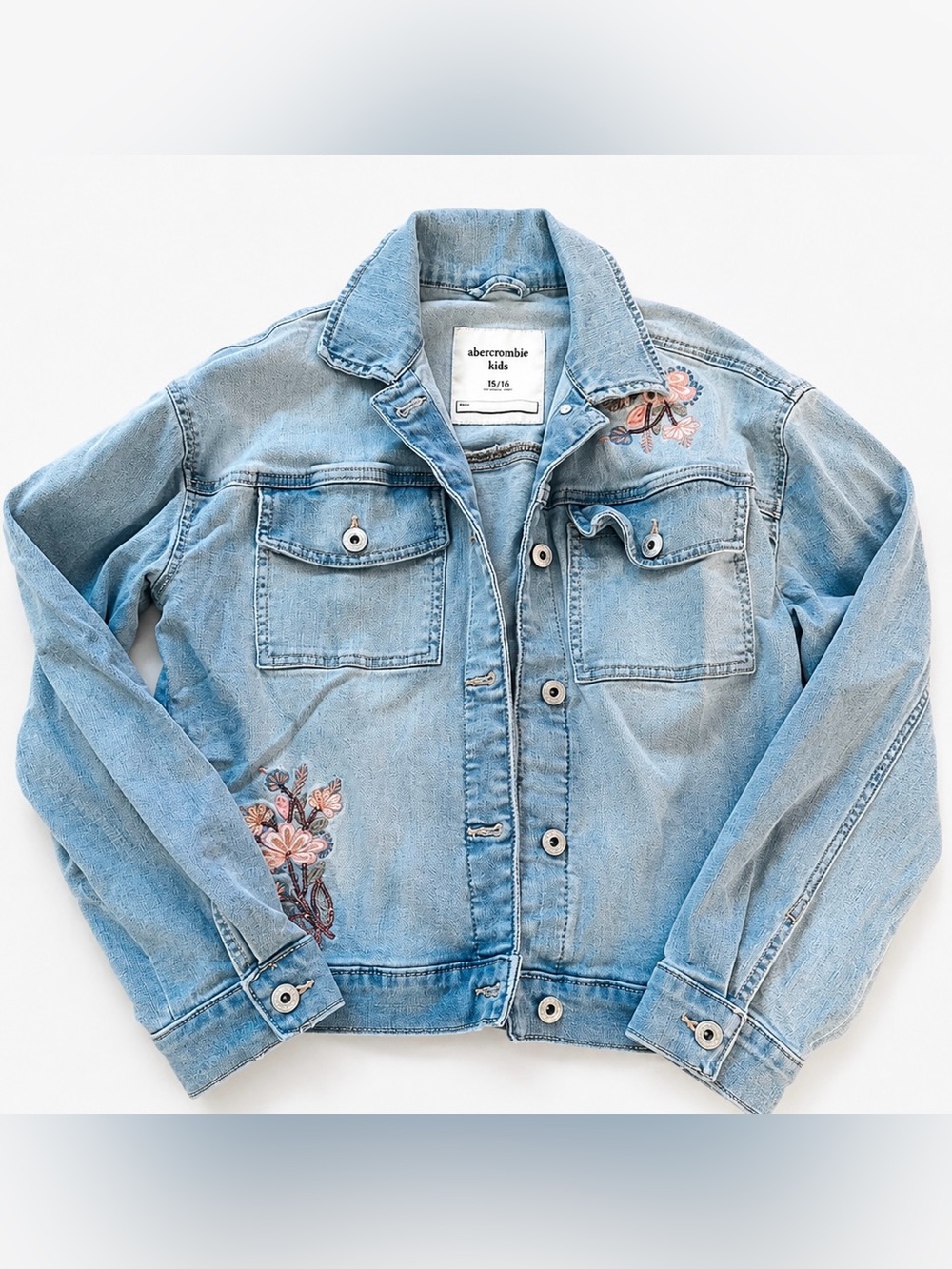 abercrombie kids light blue denim jacket with pink floral embroidery